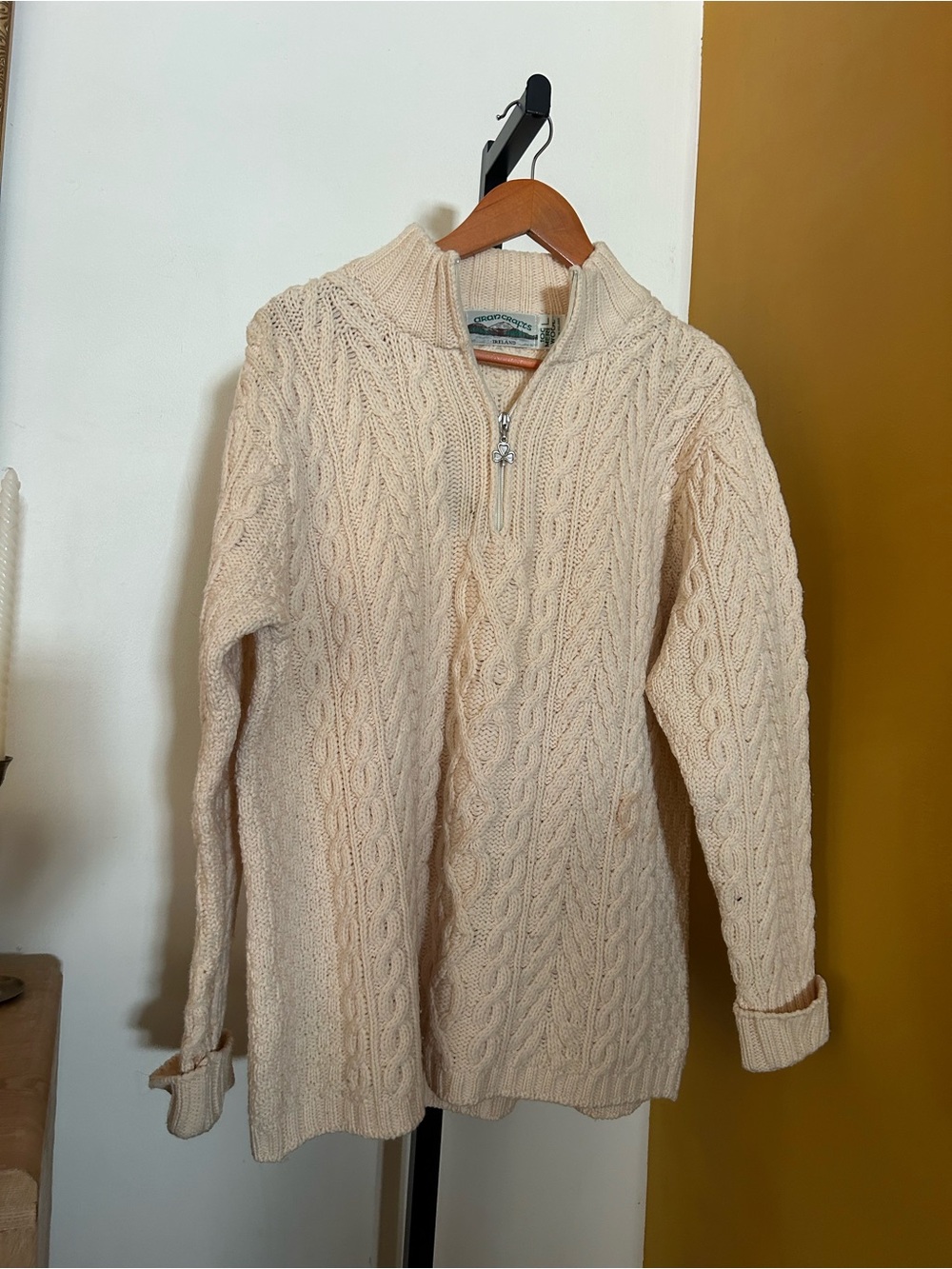 Aran Crafts 100% Merino Wool 1/4 Zip Cableknit Sweater FLAWS Scraps Craft Repair